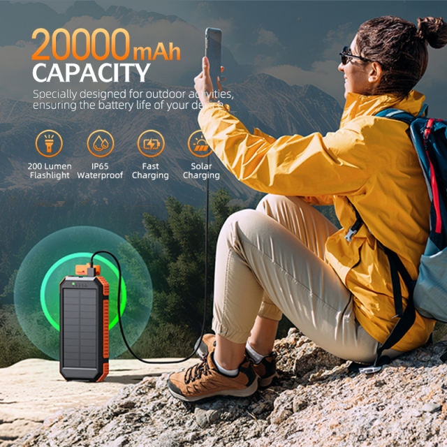 20000mAh Magnetic Solar Power Bank with Compass, Outdoor LED Light, PD 22.5W Fast Charge, 15W Wireless Charging, Waterproof &amp; Shockproof， RC-SP015