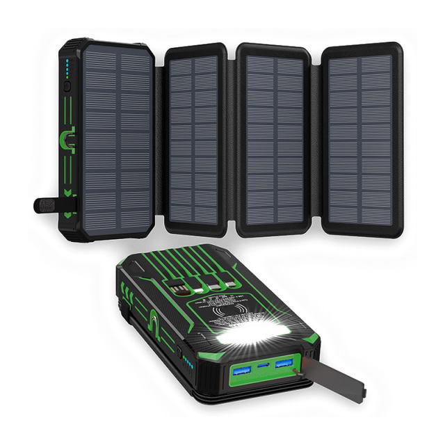 20000mAh Foldable Solar Power Bank with 22.5W PD Fast Charging, Wireless Charging, 4 Built-in Cables, Outdoor Light & Waterproof Design for Camping & Emergency，RC-SP014