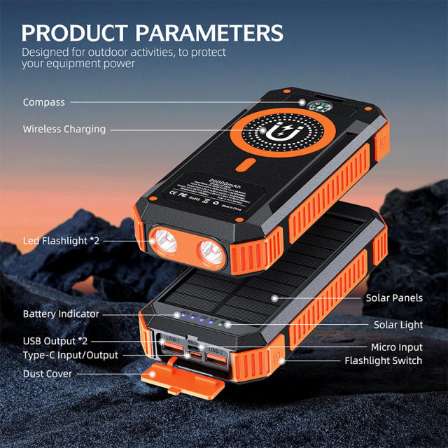 20000mAh Magnetic Solar Power Bank with Compass, Outdoor LED Light, PD 22.5W Fast Charge, 15W Wireless Charging, Waterproof &amp; Shockproof， RC-SP015