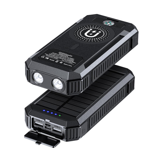 20000mAh Magnetic Solar Power Bank with Compass, Outdoor LED Light, PD 22.5W Fast Charge, 15W Wireless Charging, Waterproof &amp; Shockproof， RC-SP015
