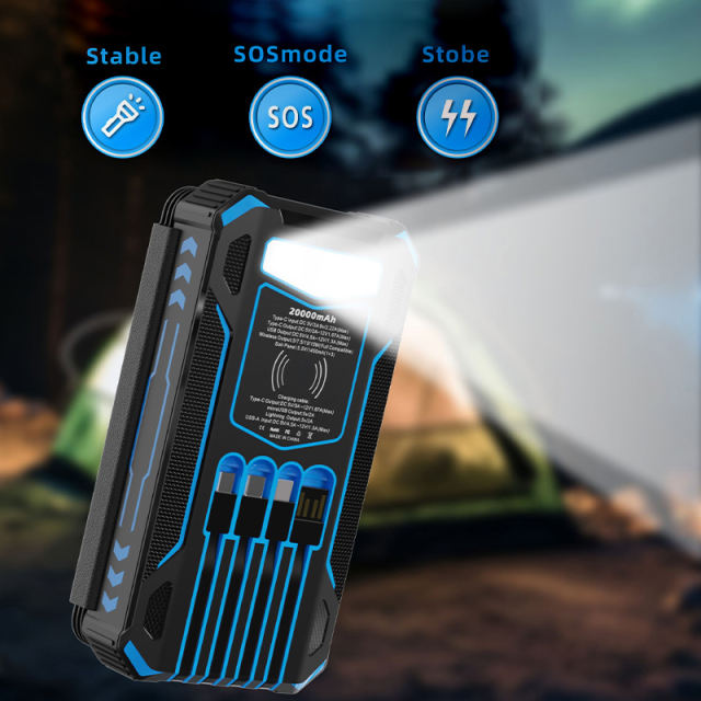 20000mAh Foldable Solar Power Bank with 22.5W PD Fast Charging, Wireless Charging, 4 Built-in Cables, Outdoor Light & Waterproof Design for Camping & Emergency，RC-SP014