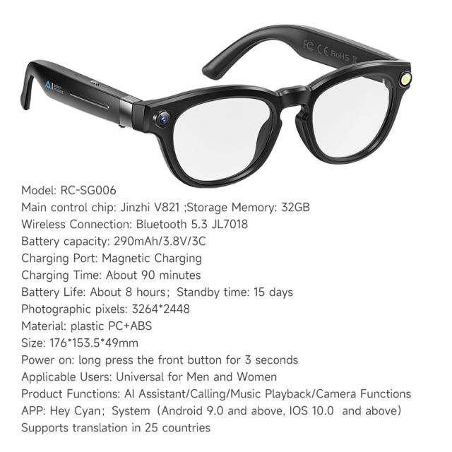 AI Smart Glasses with 4K Camera, Real-Time Translator, Bluetooth 5.3, Auto Dimming Lenses, Music &amp; Calls, 32GB Storage  RC-SG006