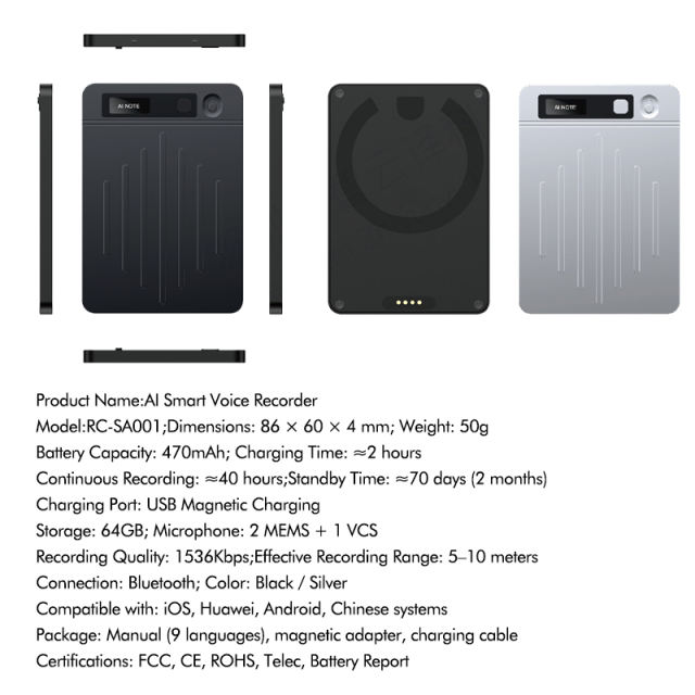 AI Smart Voice Recorder with Transcription &amp; Summary | 64GB, Bluetooth, 40H Recording, MagSafe, 80+ Languages RC-SA001