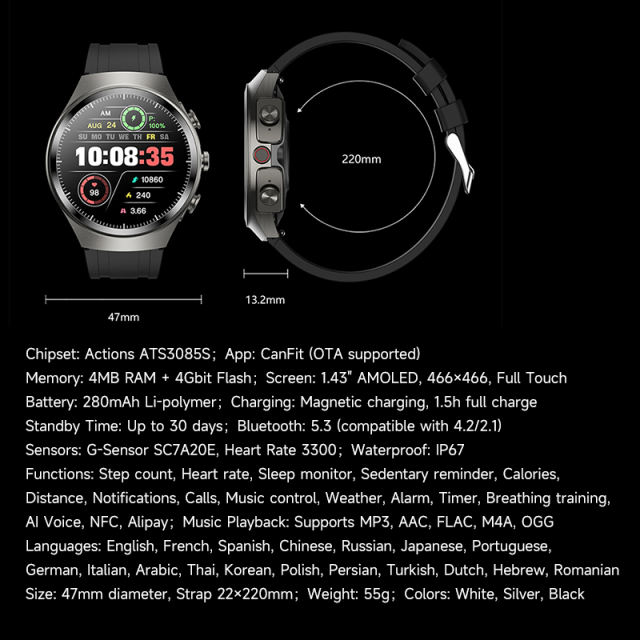 AI Smartwatch with TWS Earbuds, 1.43" AMOLED Display, Bluetooth 5.3, Heart Rate & Sleep Monitoring, NFC, IP67 Waterproof, Multi-Language Fitness Watch RC-SW011