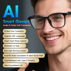 AI Smart Translation Glasses with Bluetooth Calling, Music, Voice Assistant, UV400 Blue Light Blocking, Touch Control, Waterproof Eyewear for Travel &amp; Business，RC-SG009
