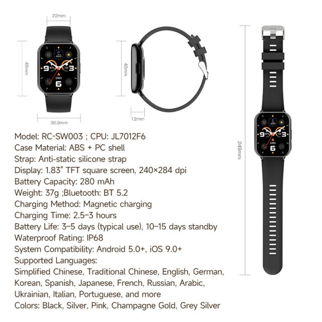 Smart Watch with Bluetooth Call, 1.83" HD Screen, 100+ Sports Modes, IP67 Waterproof, 7-Day Battery， RC-SW003