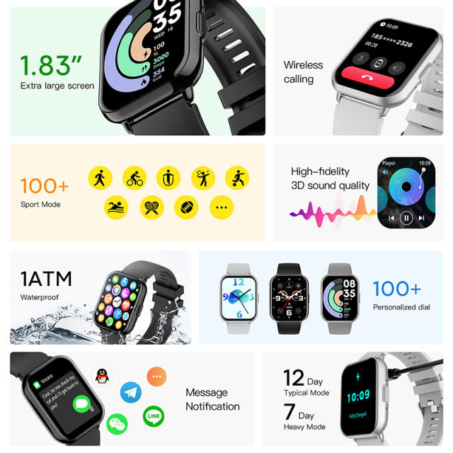 Smart Watch with Bluetooth Call, 1.83" HD Screen, 100+ Sports Modes, IP67 Waterproof, 7-Day Battery， RC-SW003