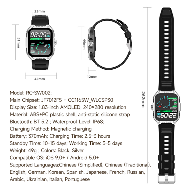 Smart AI Watch with GPS, 123 Sports Modes, Bluetooth Call, 7-Day Battery, IP68 Waterproof, 1.83" AMOLED Display, RC-SW002
