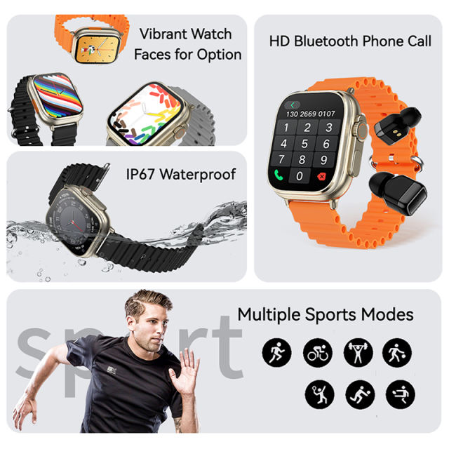 3-in-1 Smartwatch with TWS Earbuds &amp; MP3 Player, 1.96" HD Screen, Bluetooth 5.3, Heart Rate &amp; Sleep Monitor, Fitness Tracker, IP67 Waterproof, RC-SW008