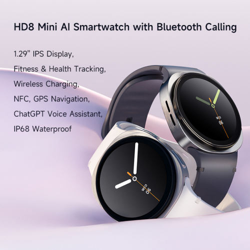 HD8 Mini AI Smartwatch with Bluetooth Calling, 1.29'' IPS Display, Fitness & Health Tracking, Wireless Charging, NFC, GPS Navigation, ChatGPT Voice Assistant, IP68 Waterproof，RC-SW007