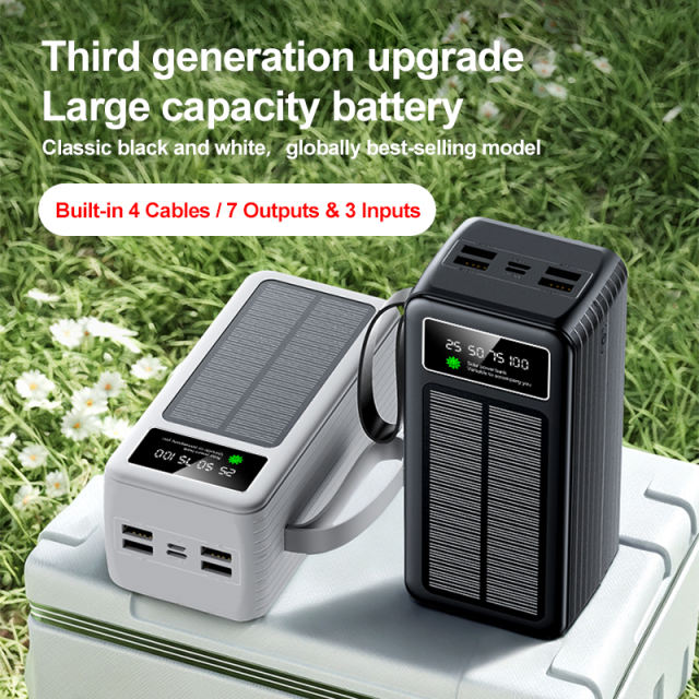 60000mAh Solar Power Bank with Built-in 4 Cables, 7 Outputs & 3 Inputs | Fast Charging Portable Charger for Phones & Tablets RC-SP016