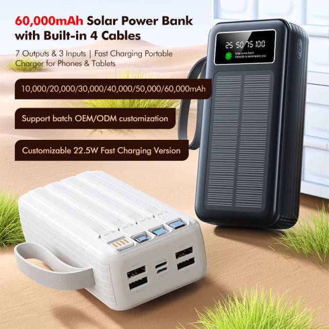 60000mAh Solar Power Bank with Built-in 4 Cables, 7 Outputs & 3 Inputs | Fast Charging Portable Charger for Phones & Tablets RC-SP016