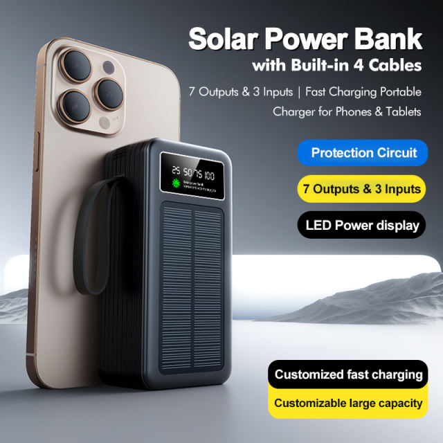60000mAh Solar Power Bank with Built-in 4 Cables, 7 Outputs & 3 Inputs | Fast Charging Portable Charger for Phones & Tablets RC-SP016