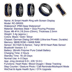 AI Smart Health Ring with Screen Display | Heart Rate, Blood Oxygen, Sleep Monitoring &amp; Call Reminder | Waterproof Fitness Tracker， RC-SR005