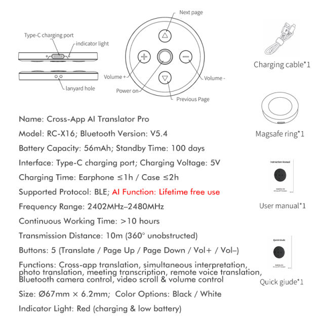 Cross-App AI Translator Pro – Real-Time Voice & Photo Translation, Meeting Notes Transcriber, Bluetooth Remote, 100-Day Standby，RC-X16