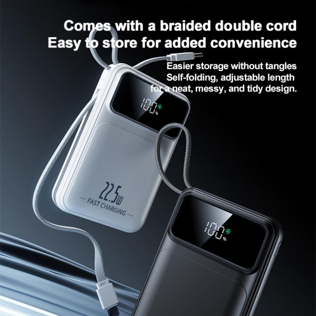 20000mAh Mini Power Bank 22.5W Super Fast Charging, Dual Woven Cables, Graphene Cooling, AI Temperature Control, Portable PD20W Charger for iPhone & Android，RC-PD90