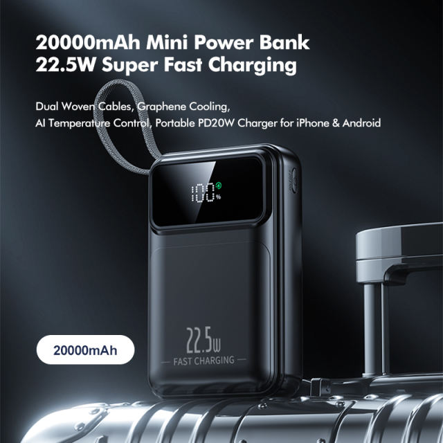 20000mAh Mini Power Bank 22.5W Super Fast Charging, Dual Woven Cables, Graphene Cooling, AI Temperature Control, Portable PD20W Charger for iPhone & Android，RC-PD90
