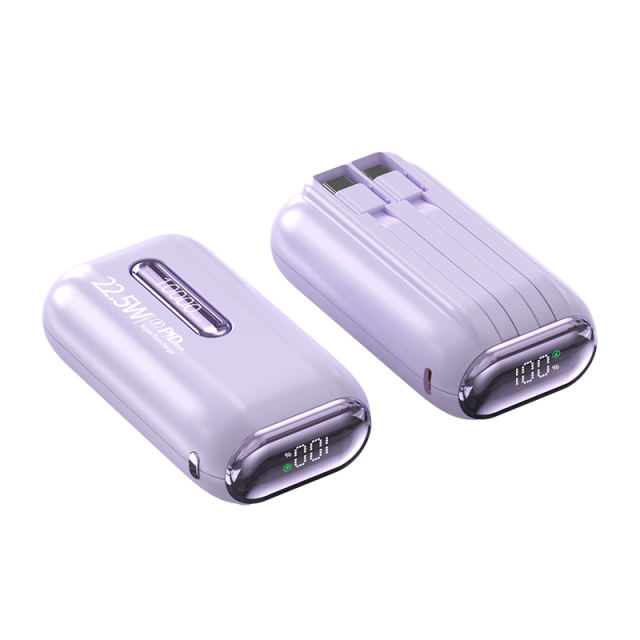 22.5W Fast Charging Power Bank 10000mAh Mini Portable Charger with Built-in Dual Cables, Smart LED Display, ABS+PC Lightweight Design，RC-PD87