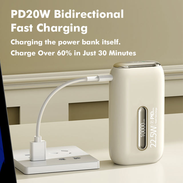 22.5W Fast Charging Power Bank 10000mAh Mini Portable Charger with Built-in Dual Cables, Smart LED Display, ABS+PC Lightweight Design，RC-PD87