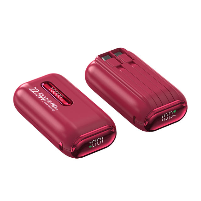 22.5W Fast Charging Power Bank 10000mAh Mini Portable Charger with Built-in Dual Cables, Smart LED Display, ABS+PC Lightweight Design，RC-PD87