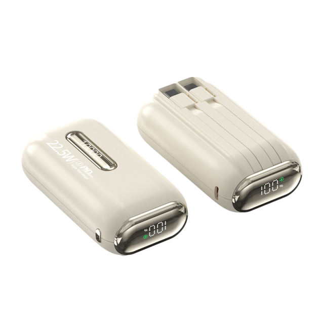 22.5W Fast Charging Power Bank 10000mAh Mini Portable Charger with Built-in Dual Cables, Smart LED Display, ABS+PC Lightweight Design，RC-PD87