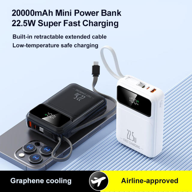 20000mAh Mini Power Bank 22.5W Super Fast Charging, Dual Woven Cables, Graphene Cooling, AI Temperature Control, Portable PD20W Charger for iPhone & Android，RC-PD89