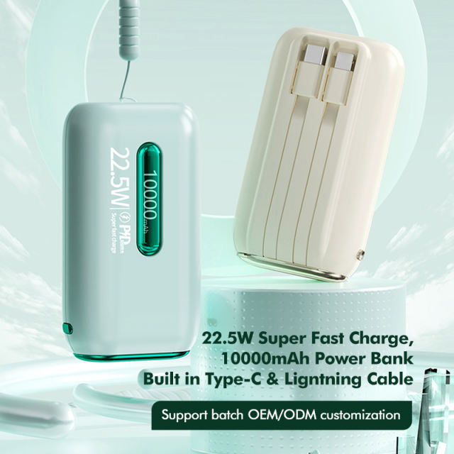22.5W Fast Charging Power Bank 10000mAh Mini Portable Charger with Built-in Dual Cables, Smart LED Display, ABS+PC Lightweight Design，RC-PD87