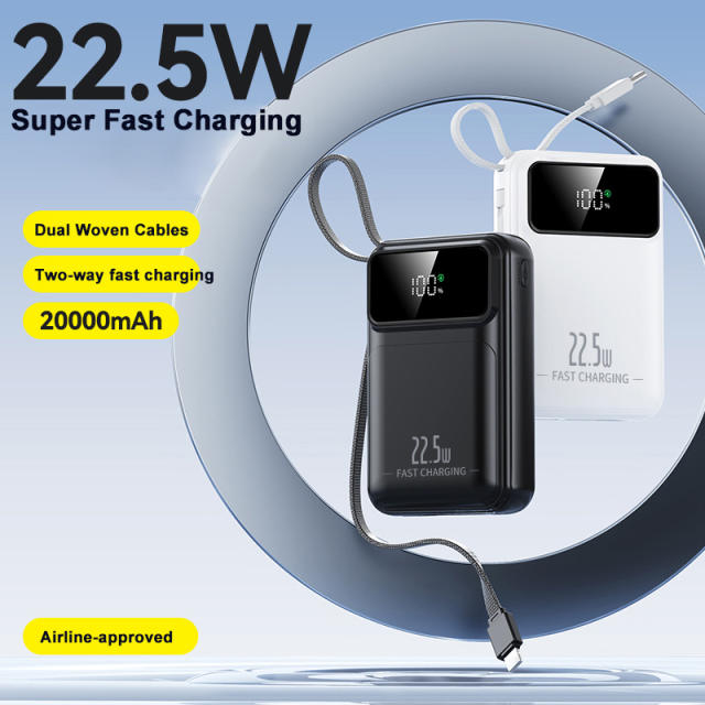 20000mAh Mini Power Bank 22.5W Super Fast Charging, Dual Woven Cables, Graphene Cooling, AI Temperature Control, Portable PD20W Charger for iPhone & Android，RC-PD89