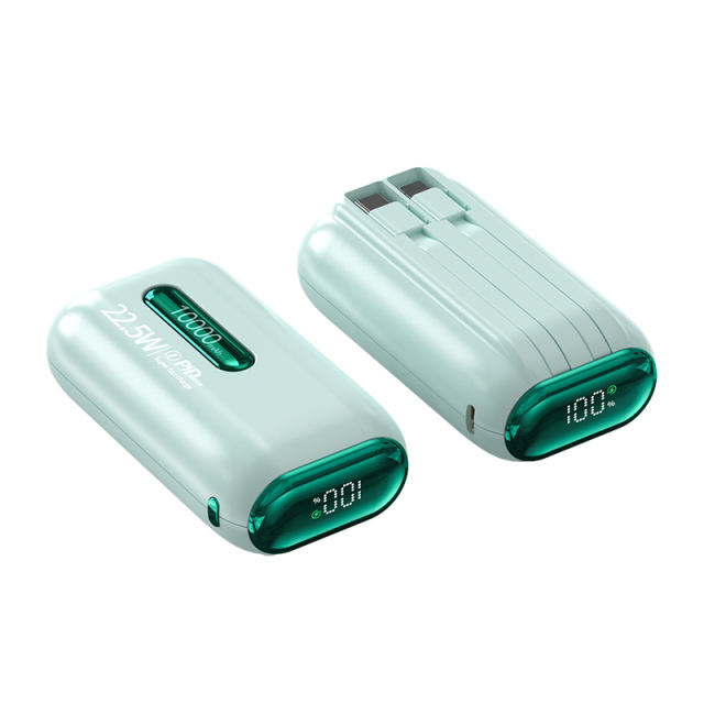 22.5W Fast Charging Power Bank 10000mAh Mini Portable Charger with Built-in Dual Cables, Smart LED Display, ABS+PC Lightweight Design，RC-PD87