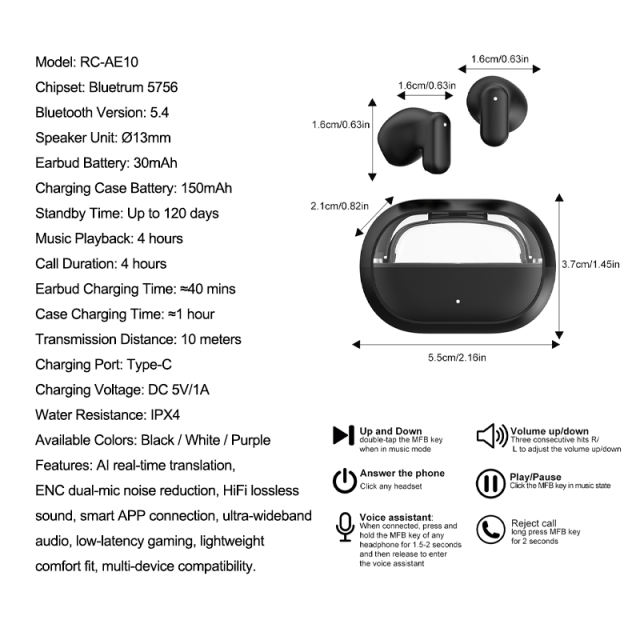 Newly Upgraded AI Translation Wireless Earbuds | TWS 5.4 Headphones | 120-Day Standby | ENC Clear Calls | 13mm Big Speaker | Lightweight Open-Fit Comfort， RC-AE10