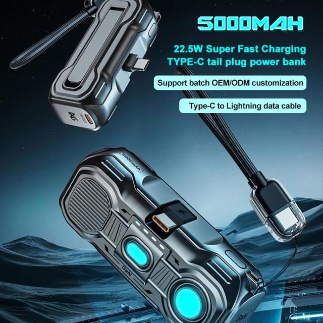 Mech-Style 5000mAh Mini Power Bank with 22.5W Fast Charging | Built-in Foldable Type-C Plug & LED Power Display | Portable Charger with Hidden Kickstand，RC-PD91