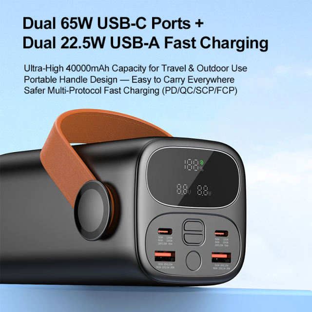 65W PD Fast Charging Laptop Power Bank 40000mAh | Portable Power Station with Handle &amp; LED Light | Dual USB-C Multi-Protocol Fast Charger (PD/QC/SCP/FCP), Custom Colors &amp; Capacity，RC-PD92