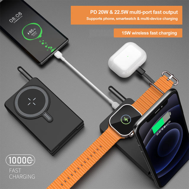 Foldable Magnetic Wireless Power Bank 10000mAh, 15W MagSafe Charger, PD 20W Fast Charging, Built-in Cable, Low-Temperature Design, Aluminum Alloy Body RC-WP042