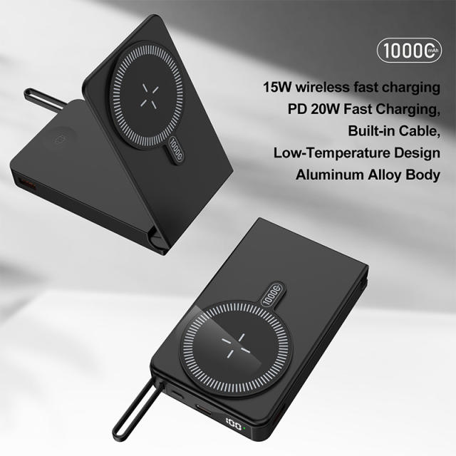 Foldable Magnetic Wireless Power Bank 10000mAh, 15W MagSafe Charger, PD 20W Fast Charging, Built-in Cable, Low-Temperature Design, Aluminum Alloy Body RC-WP042