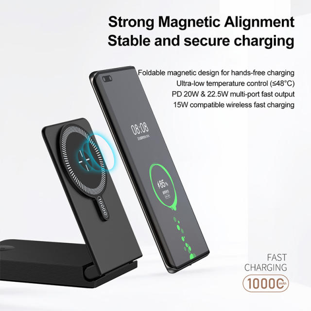 Foldable Magnetic Wireless Power Bank 10000mAh, 15W MagSafe Charger, PD 20W Fast Charging, Built-in Cable, Low-Temperature Design, Aluminum Alloy Body RC-WP042