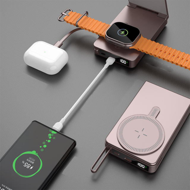 Foldable Magnetic Wireless Power Bank 10000mAh, 15W MagSafe Charger, PD 20W Fast Charging, Built-in Cable, Low-Temperature Design, Aluminum Alloy Body RC-WP042