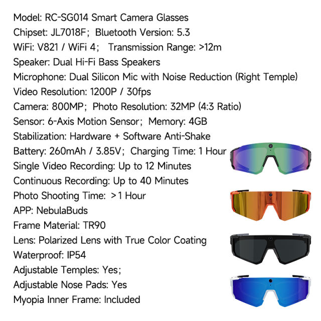 AI HD Cycling & Outdoor Camera Glasses, 800MP Camera | 1200P Video Recording | Bluetooth 5.3 | Music & Call Photo Video Glasses RC-SG014