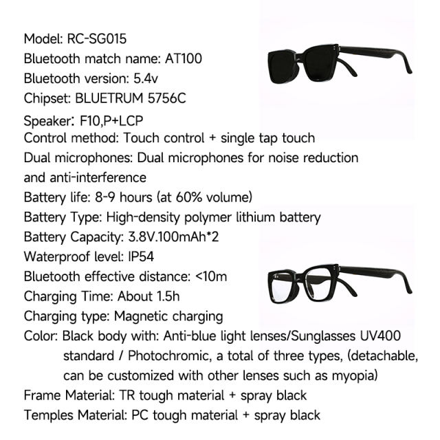 Smart AI Translation Glasses with Bluetooth Music & Call Function, RC-SG015