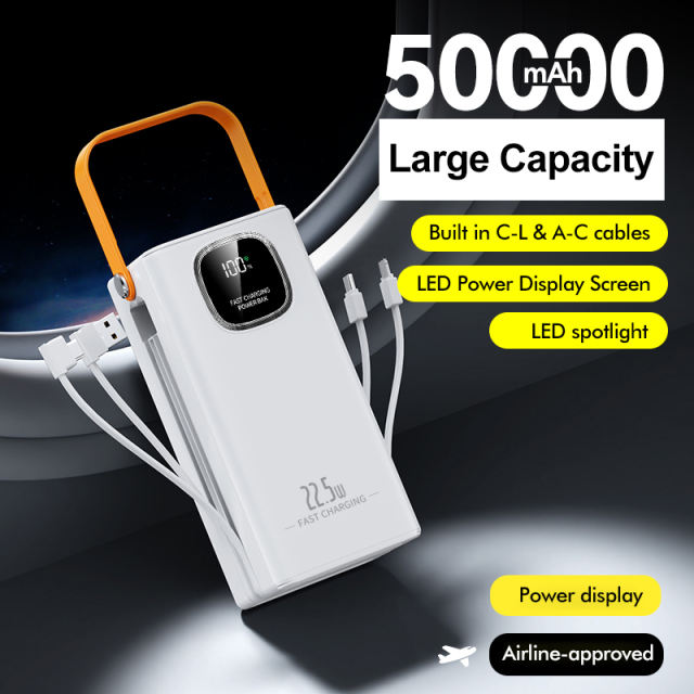 30000-60000mAh Fast Charging Power Bank with Built-in Cables, LED Display, Multi-Port Portable Charger with Lanyard，RC-PD93