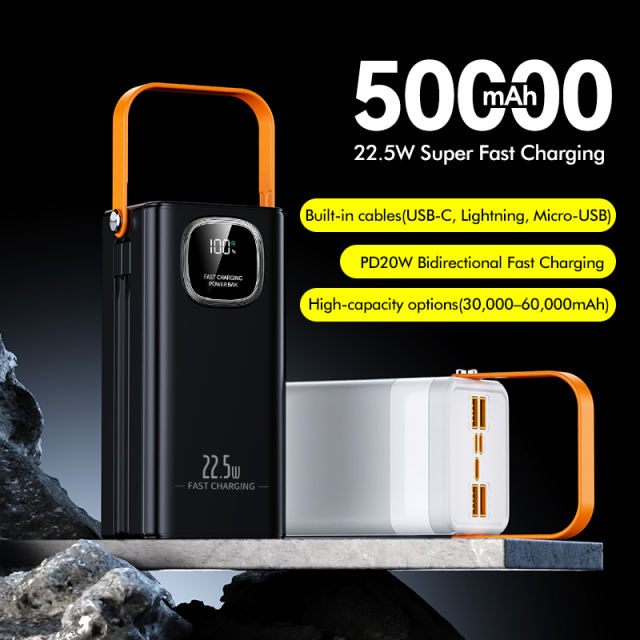 30000-60000mAh Fast Charging Power Bank with Built-in Cables, LED Display, Multi-Port Portable Charger with Lanyard，RC-PD93
