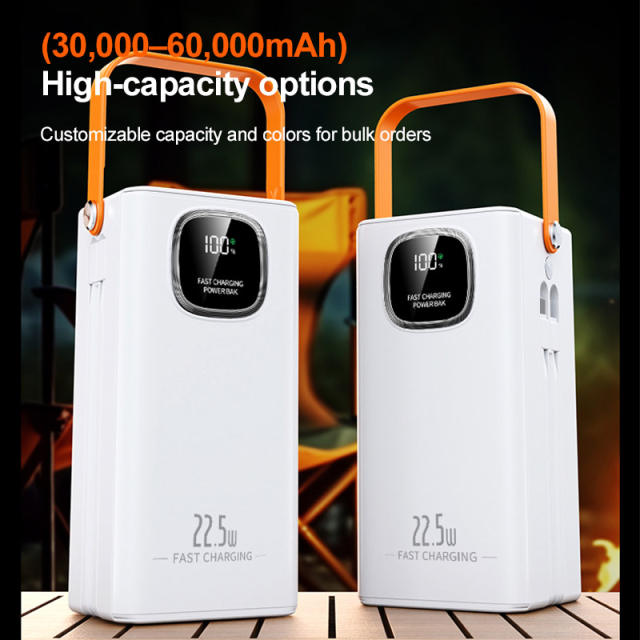 30000-60000mAh Fast Charging Power Bank with Built-in Cables, LED Display, Multi-Port Portable Charger with Lanyard，RC-PD93