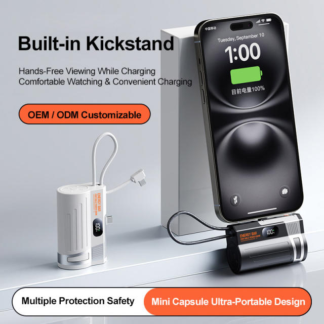 Mini 10000mAh Power Bank 22.5W Fast Charging with Built-in Type-C Cable & Plug, Capsule Portable PD Power Bank Fireproof Case，RC-GP58