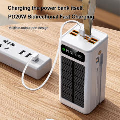 30000~60000mAh Solar Power Bank Fast Charging Portable Charger with Built-in Dual Cables, LED Display, Hand Strap & Multi Protection，RC-PD94
