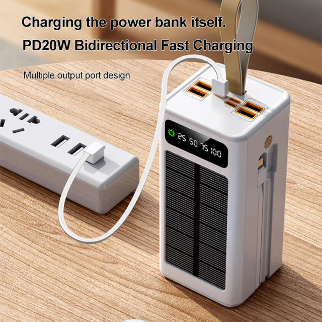 30000~60000mAh Solar Power Bank Fast Charging Portable Charger with Built-in Dual Cables, LED Display, Hand Strap & Multi Protection，RC-PD94