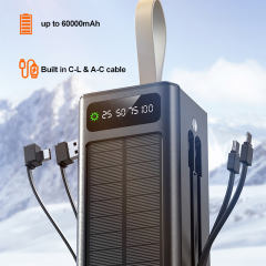 30000~60000mAh Solar Power Bank Fast Charging Portable Charger with Built-in Dual Cables, LED Display, Hand Strap & Multi Protection，RC-PD94