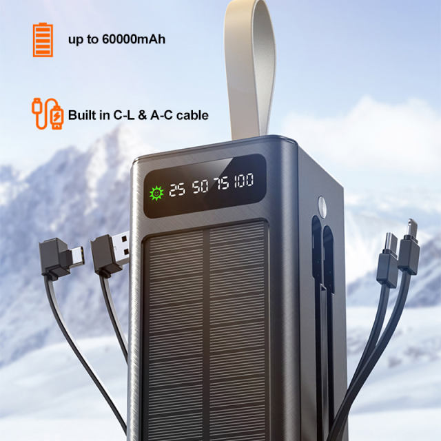 30000~60000mAh Solar Power Bank Fast Charging Portable Charger with Built-in Dual Cables, LED Display, Hand Strap & Multi Protection，RC-PD94