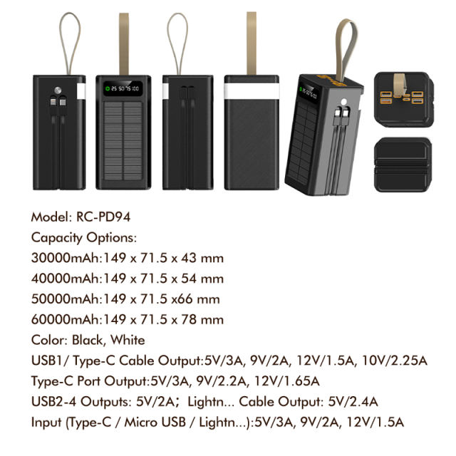 30000~60000mAh Solar Power Bank Fast Charging Portable Charger with Built-in Dual Cables, LED Display, Hand Strap & Multi Protection，RC-PD94