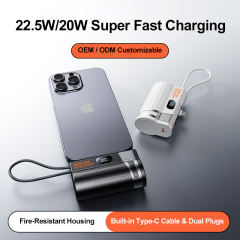 Mini 10000mAh Power Bank 22.5W Fast Charging with Built-in Type-C Cable & Plug, Capsule Portable PD Power Bank Fireproof Case，RC-GP58