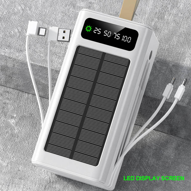 30000~60000mAh Solar Power Bank Fast Charging Portable Charger with Built-in Dual Cables, LED Display, Hand Strap & Multi Protection，RC-PD94