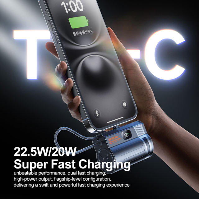 Mini 10000mAh Power Bank 22.5W Fast Charging with Built-in Type-C Cable & Plug, Capsule Portable PD Power Bank Fireproof Case，RC-GP58